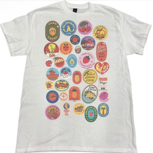 Vintage Style Retro Fruit Stickers Farmers Market Graphic Tee