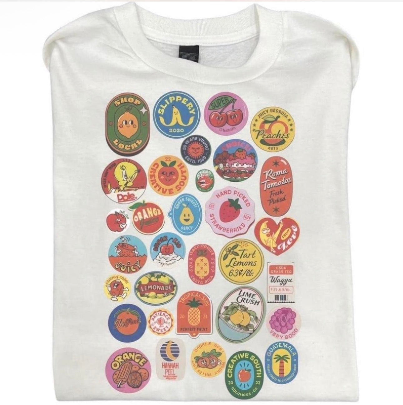 Vintage Style Retro Fruit Stickers Farmers Market Graphic Tee