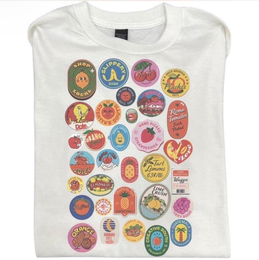 Vintage Style Retro Fruit Stickers Farmers Market Graphic Tee